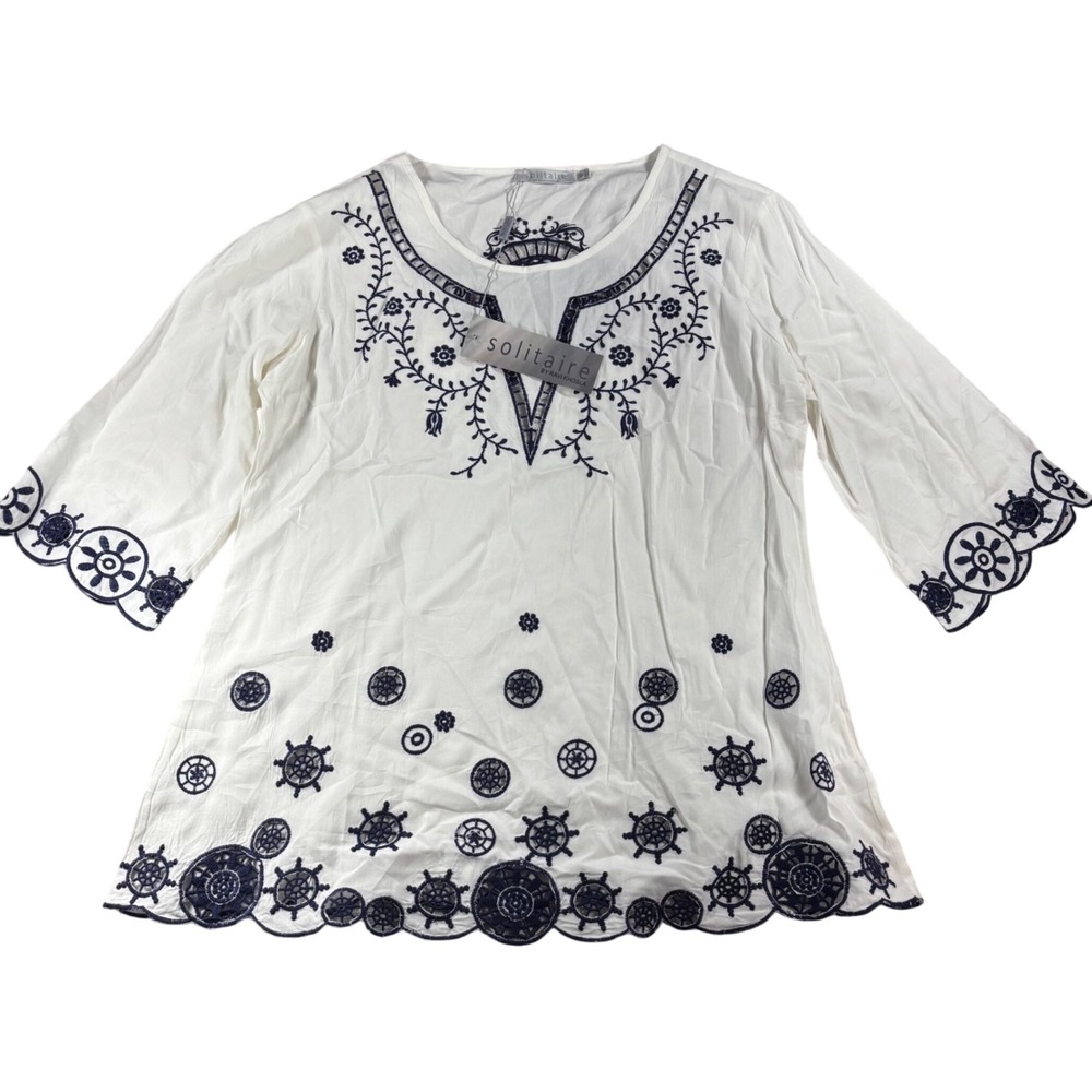 Solitaire by Ravi Khosla White Navy Embroidered Boho Nautical Tunic Top M NEW